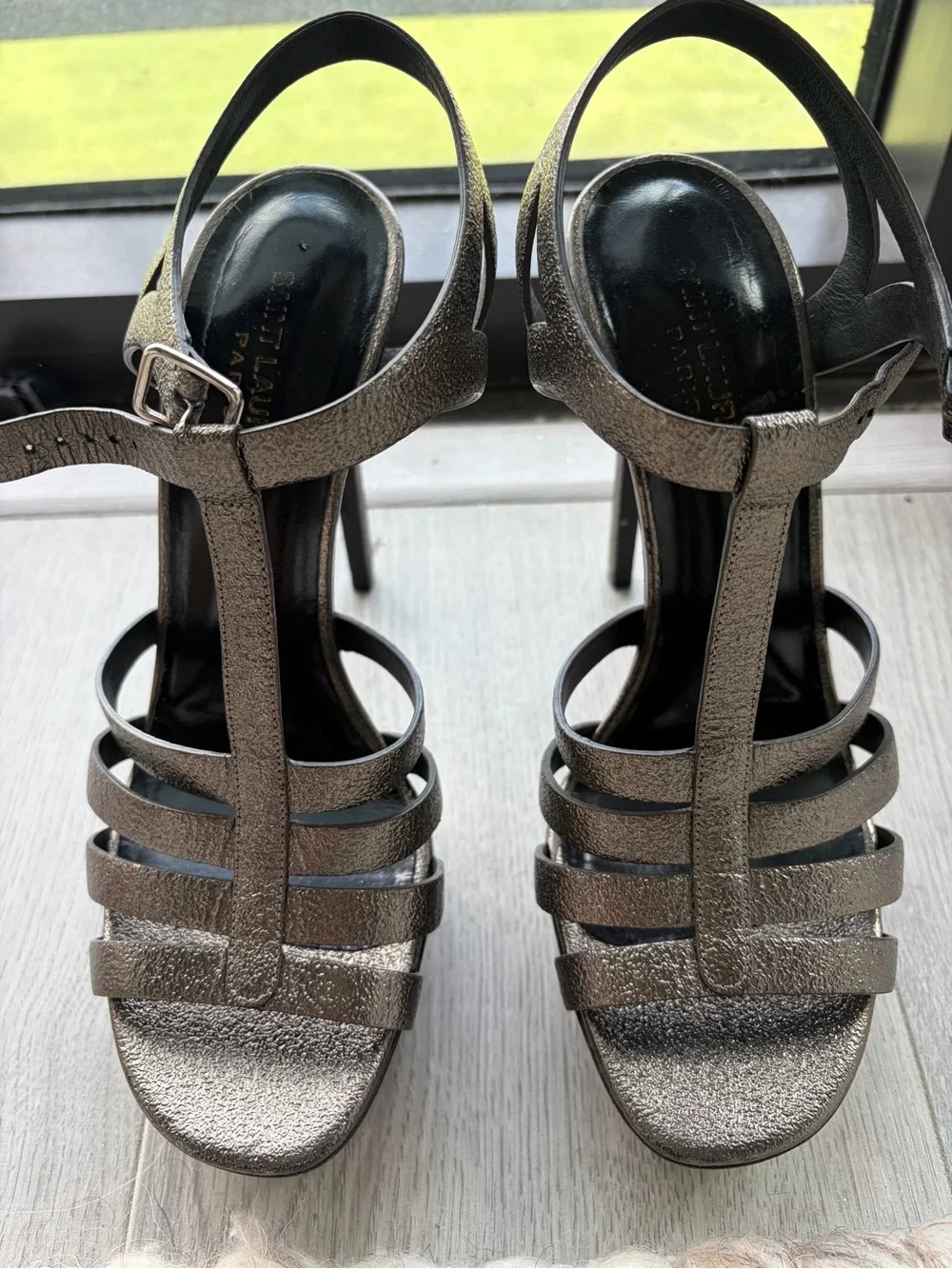 Saint Laurent Metallic Black Strappy Platform Heels - Picture 3 of 6
